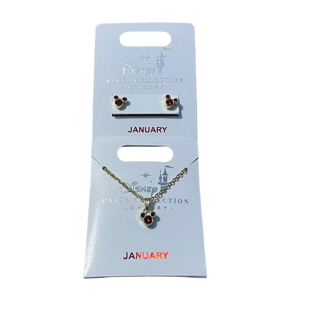 Disney Parks Mickey January Garnet Earrings Necklace Set